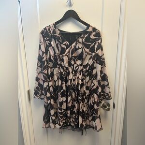 Black and Blush Floral Long-Sleeve V-Neck Dress